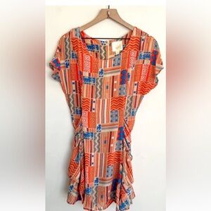 Line & dot 100% silk mini colorful geometric design dress w tie size L